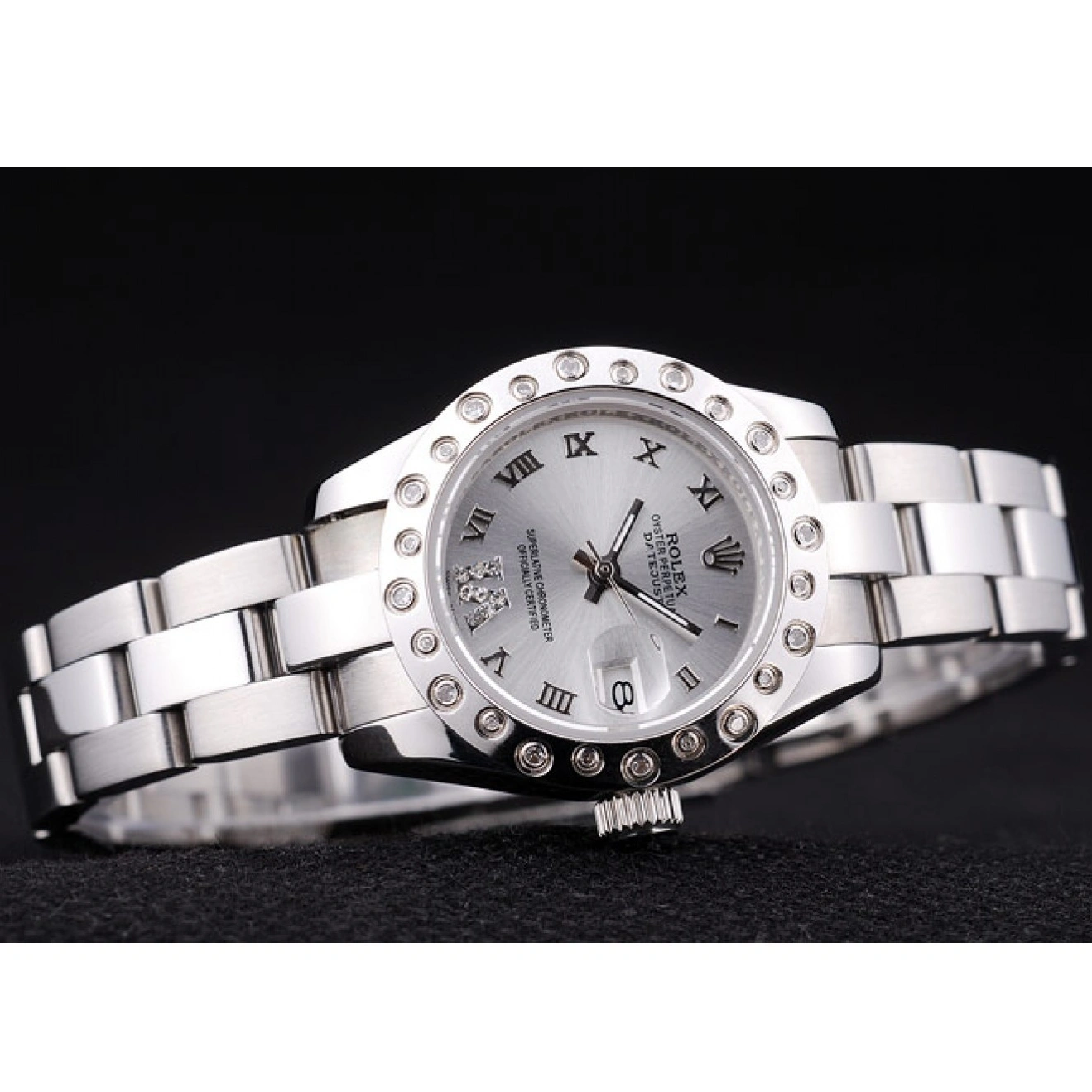 Aaa replica watch Polished Rolex Silver Datejust Bezel Diamonds Silver Dial 7474 1028